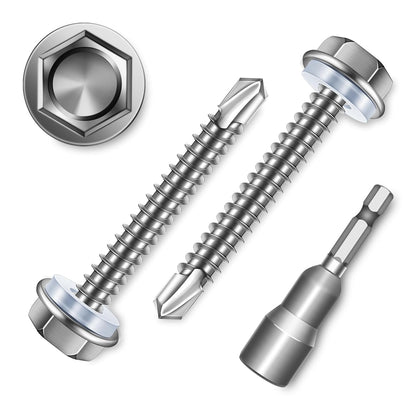 EASTPUK 100Pcs #8 x 1/2" Sheet Metal Screws, 410 Stainless Steel Self Drilling Hex Washer Head Self Tapping Screws for Metal with Drill Bit