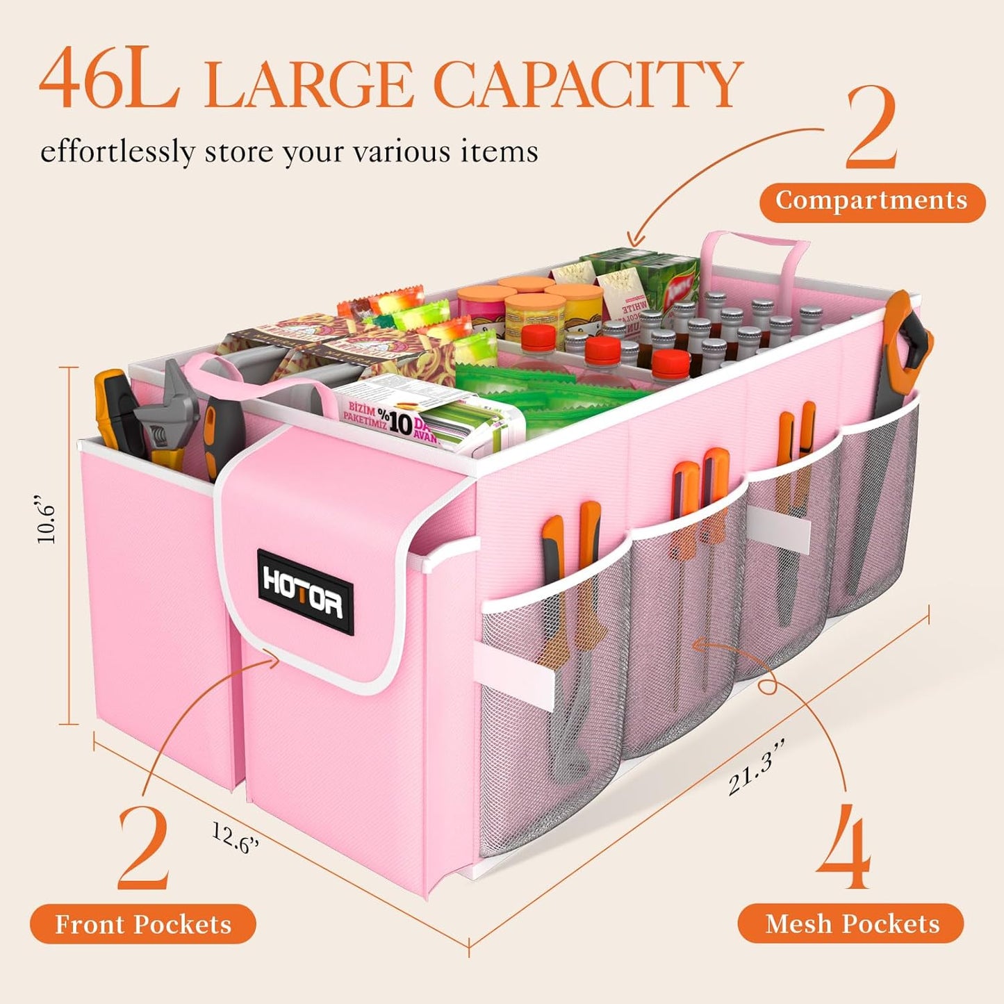 HOTOR Trunk Organizer - Car Organizer, Foldable Trunk organizer for SUVs & Sedans, Car Accessories, Tools, Sundries, 2 Compartments, Black