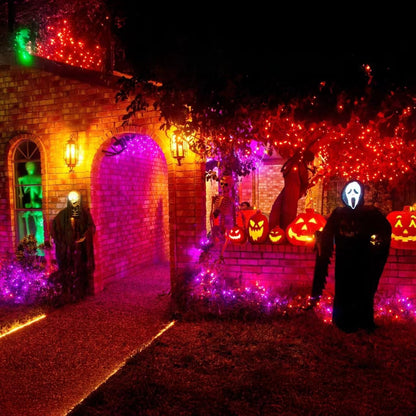 Halloween Lights Outdoor, 105 FT 300 LED Waterproof Plug in String Lights with Memory Function, 8 Lighting Modes for Halloween Party Decor(Purple Orange)