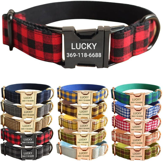 PETDURO Personalized Buffalo Plaid Dog Collar Red Black - Engraved Name and Phone Number on Black Metal Buckle - Custom for Small Medium Large Boy Girl Dogs - Add Leash Bow Tie via Customize Now