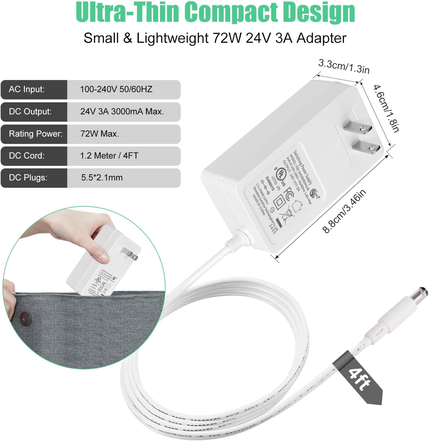 Wefomey 24V 3A Power Supply UL Listed, AC 100~240V to 24V DC Adapter Transformer with 5.5x2.1mm DC Plug, 24 Volt 3 Amp 72W Wall Charger for 5050 3528 LED Strip Light LED Driver CCTV Security System