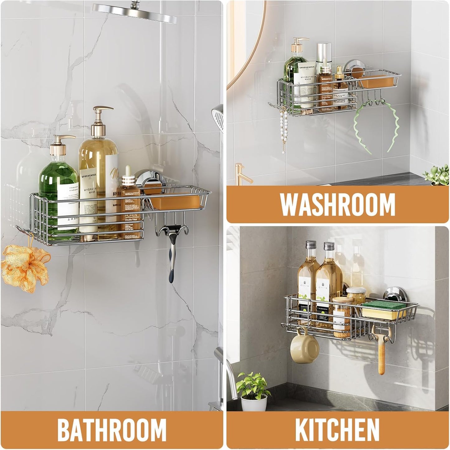 LEVERLOC Shower Caddy Suction Cup, 2 Pack Black Shower Shelf with Hooks and Soap Holder, NO-Drilling Bathroom Organizer, Rustproof Metal Bathroom Storage and Organization