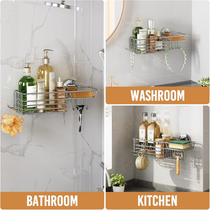LEVERLOC Shower Caddy Suction Cup, 2 Pack Black Shower Shelf with Hooks and Soap Holder, NO-Drilling Bathroom Organizer, Rustproof Metal Bathroom Storage and Organization