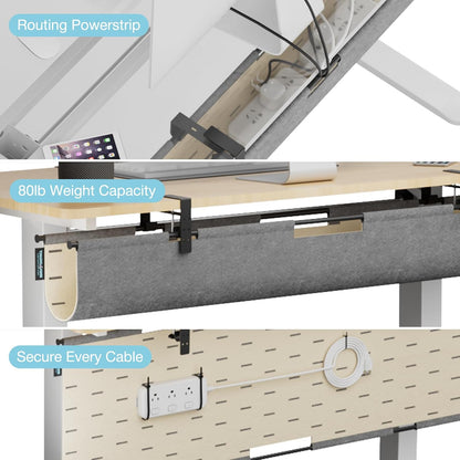 No Drill Under Desk Cable Management Tray, 45.2" Large Felt Cord Organizer with Pegboard-Style Design, Power Strip Holder, Privacy Panel for Standing Desk & Home Office, Clamp/Screw Mount(Gray/Khaki)