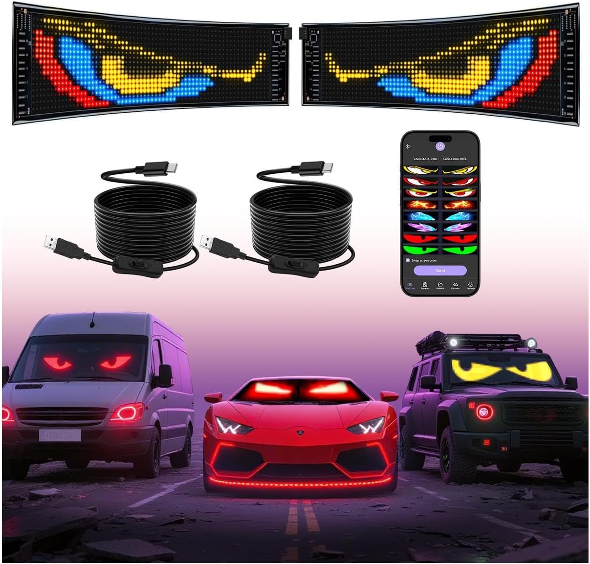 XAXVSTS Multifunctional Bright 2PCS Eyes Car Motorcycle/Golf Cart Windshield - 15in x 4in [ 2025 Tech Two Screen Synchronization Chips ] Flexible Programmable LED Eyes for Car