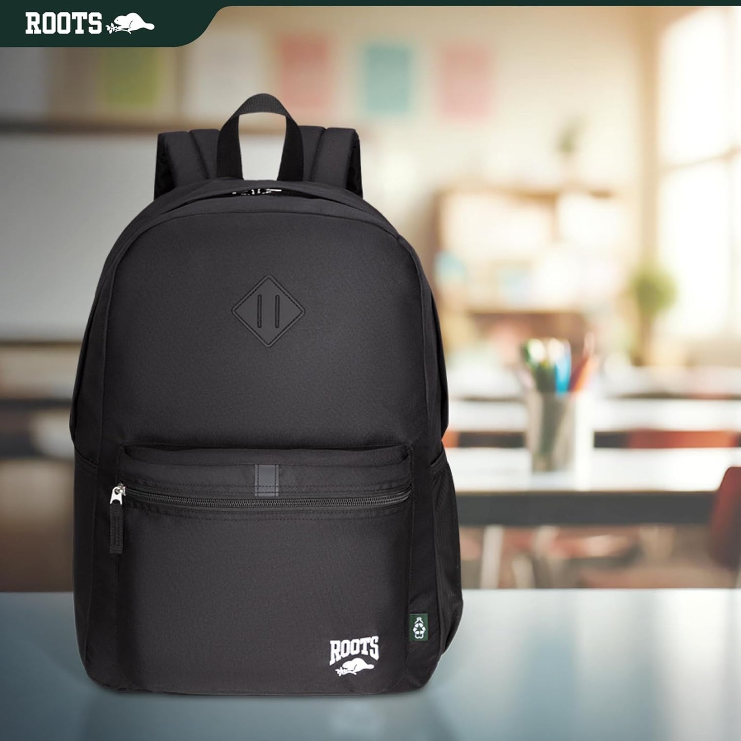 Roots Teen Lightweight Backpack — Made from Recycled Polyester with 15.6" Laptop Compartment, Rain Flap, Bottle Pocket, Reflective Accent, and Back Padding — 34L, Black