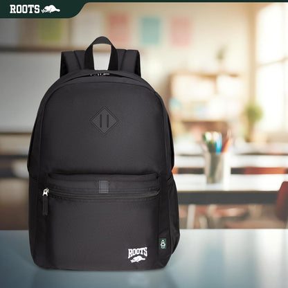 Roots Teen Lightweight Backpack — Made from Recycled Polyester with 15.6" Laptop Compartment, Rain Flap, Bottle Pocket, Reflective Accent, and Back Padding — 34L, Black
