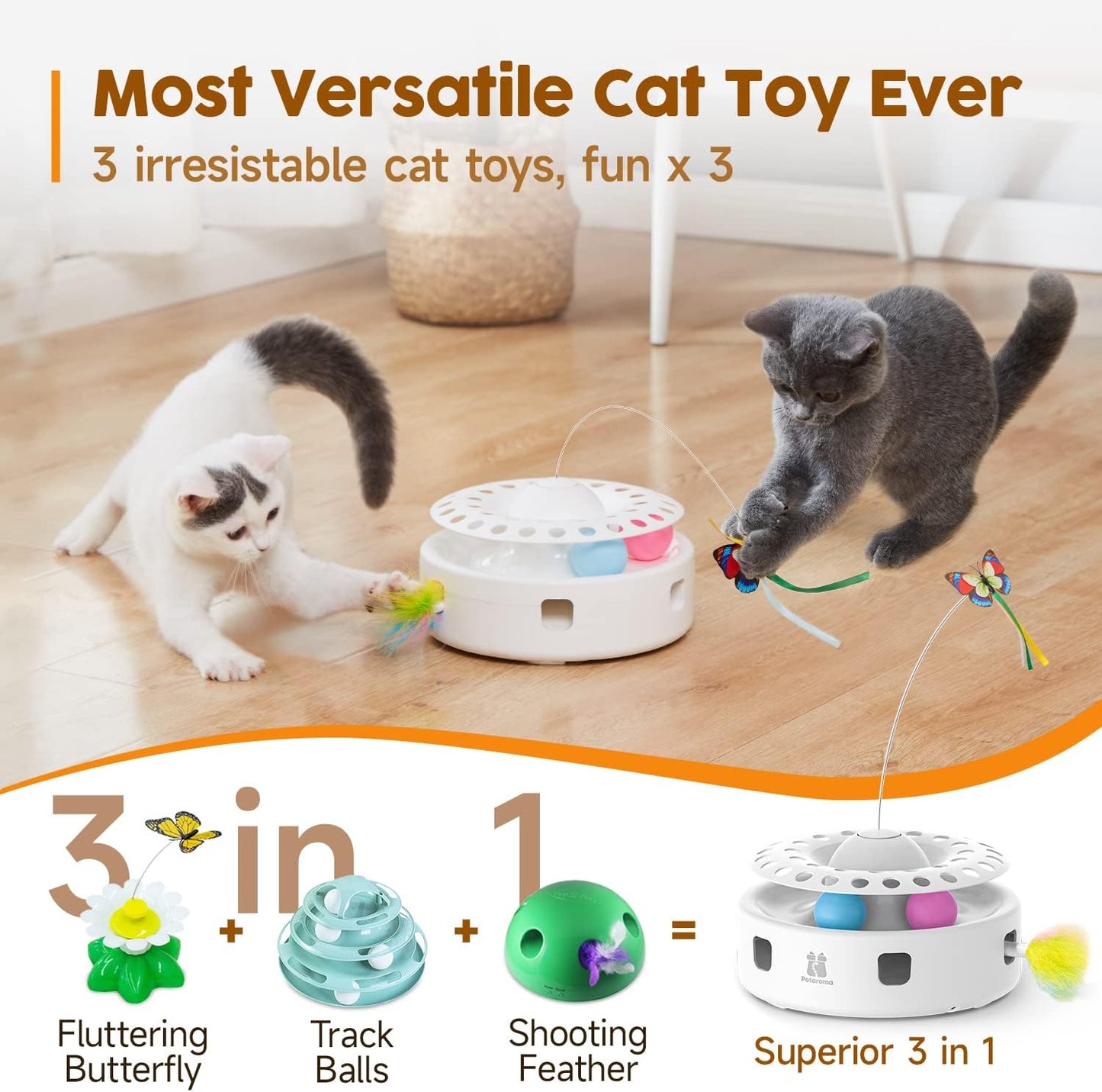 Potaroma Cat Toys 3-in-1 Smart Interactive Electronic Kitten Toy, Random Moving Ambush Feather, Fluttering Butterfly, Catnip Bell Balls, Dual Power Supplies, Indoor Exercise Cat Kicker (Light Pink)