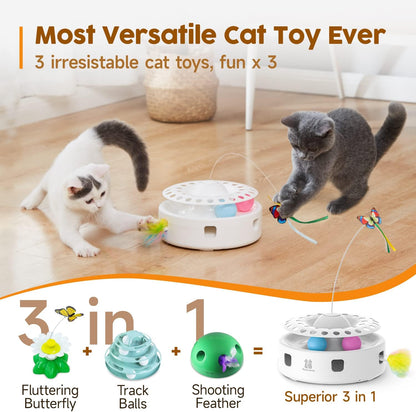 Potaroma Cat Toys 3-in-1 Smart Interactive Electronic Kitten Toy, Random Moving Ambush Feather, Fluttering Butterfly, Catnip Bell Balls, Dual Power Supplies, Indoor Exercise Cat Kicker (Light Pink)
