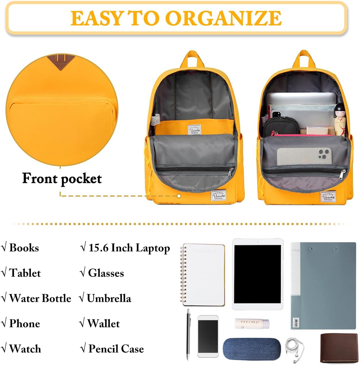 VASCHY Lightweight School Backpack for Women with Sleeve for 14" Laptop