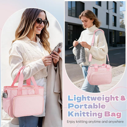Dadanism Crochet Bag Organizer, Yarn Bag and Tote with Handle & Shoulder Strap, Yarn Storage with Multiple Pockets for Crochet Supplies, Portable Knitting Bag for Gifts/Crochet Lovers, Pink