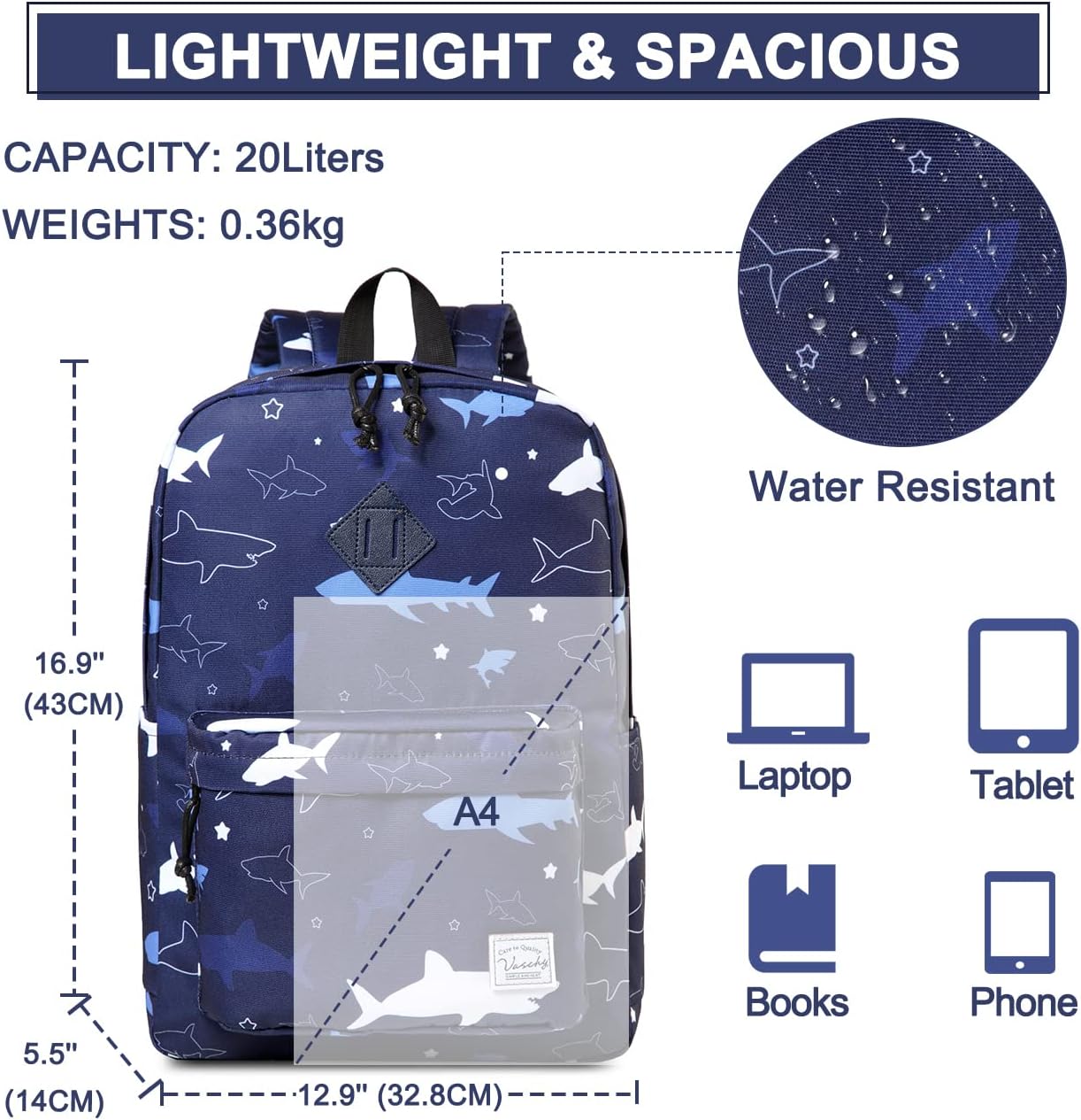 School Backpack for Kids, VASCHY Lightweight Water Resistant Casual Schoolbag Daypack for Men Women Teen Boys Girl Bookbag