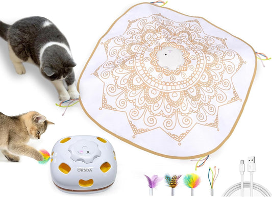 ORSDA Cat Toys Interactive, 4 in 1 Automatic Cat Toy, Hide and Seek, Whack a Mole, Magic Wand, Chasing Feather, with 4 Replacements, USB Rechargeable, for All Breed Sizes