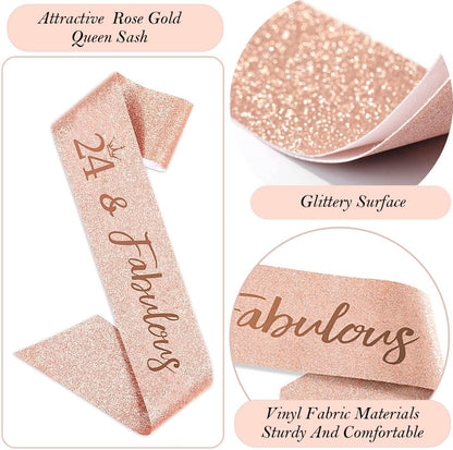 8pcs 40th Birthday Decorations gifts for Women, Including 40th Happy Birthday Cake Topper, Queen Sash with Pearl Pin, Sweet Rhinestone Tiara Crown for Women, Number Candles and Balloons (Rose Gold)