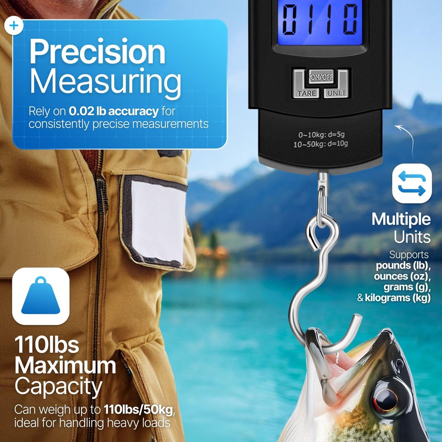 Flexzion Digital Hanging Scale – 110lb/50kg Portable Luggage Scale, and Fish Scale with Electronic Backlight LCD, Stainless Steel Hook, 2 AAA Batteries Included