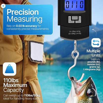 Flexzion Digital Hanging Scale – 110lb/50kg Portable Luggage Scale, and Fish Scale with Electronic Backlight LCD, Stainless Steel Hook, 2 AAA Batteries Included