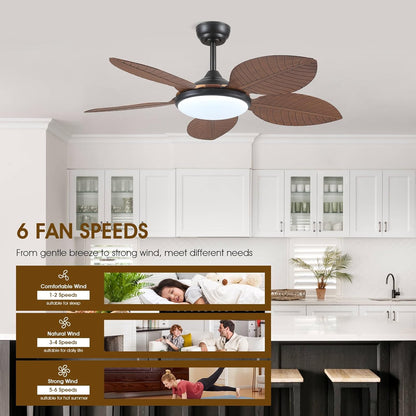 Wiviniya Ceiling Fans with Lights and Remote/APP Control, 44 Inch Tropical Palm Leaf Ceiling Fan with LED Lights, Outdoor Ceiling Fans for Patios Porch, Reversible Quiet Motor, Dimmable, Light Brown