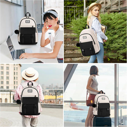 WINDARS School Backpack for Teen Girls, Cute College Backpacks for Women Students Aesthetic Bookbag Large 15.6 Inch Laptop Bag Middle School Travel Back Pack (Khaki Beige)