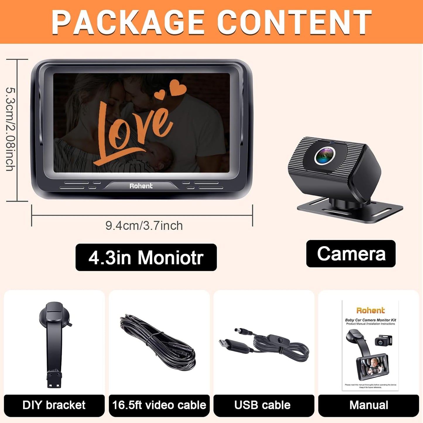 Rohent Baby Car Camera HD 1080P - Rear-Facing Infant Monitor with Night Vision Car Camera for Baby 150° Wide-Angle Lens Anti-Glare Screen Easy Install 360° Adjustable Display