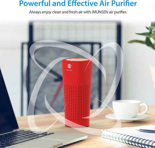 IMUNSEN M-003R True HEPA 13 Filter Air Purifier for Car, Desk, and Office with Carbon Deodorization Filter, 4-Stage Filtration, Smoke, Odors, Allergens, USB Port 5V, Made in Korea - Red
