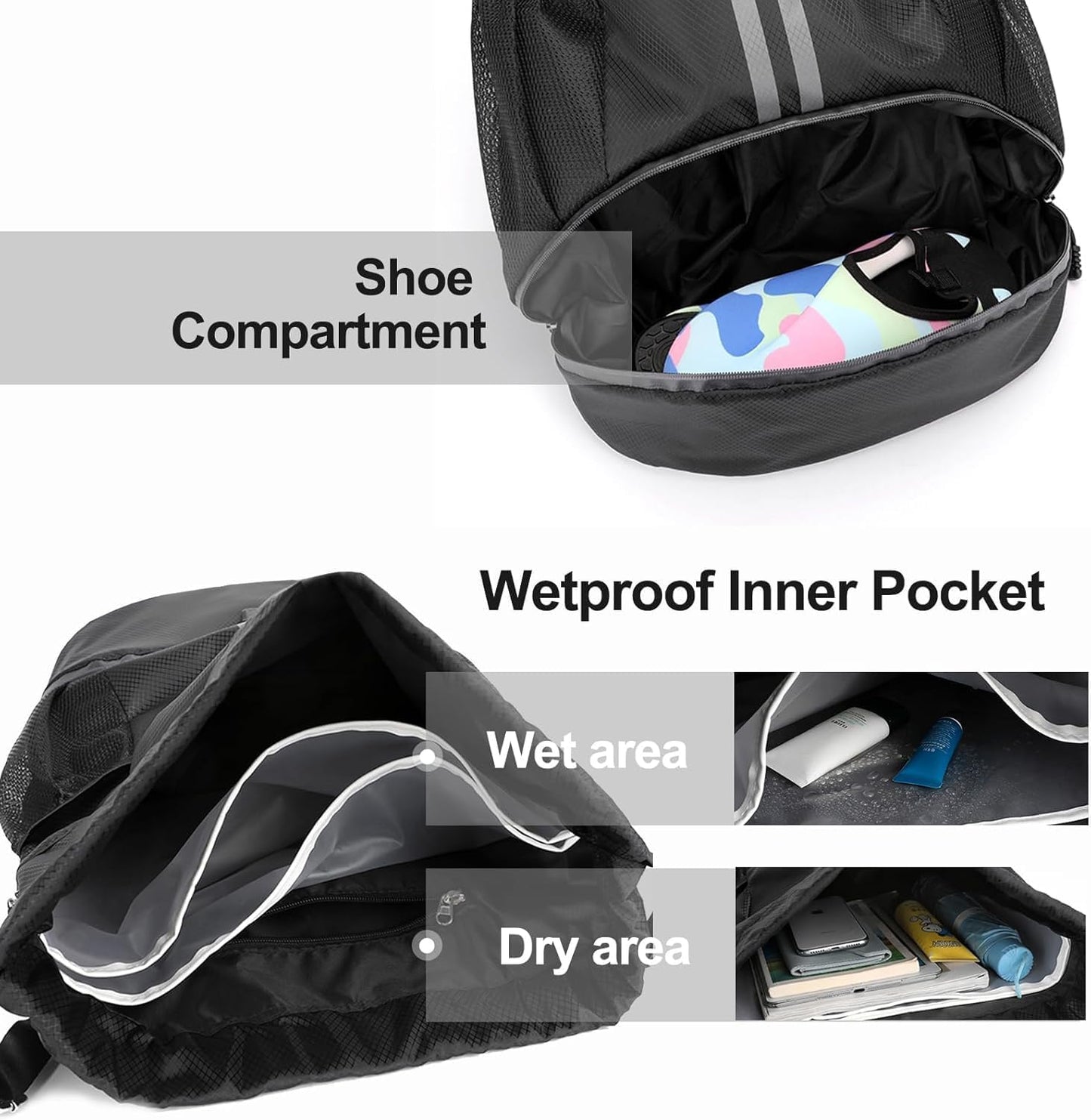 Hoedia Sports Drawstring Backpack - String Swim Gym Bag with Shoes Compartment and Wet Proof Pocket for Women/Men