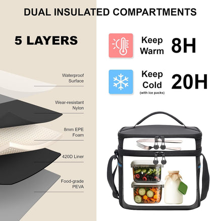 EVERFUN Cooler Bag Insulated Beach Cooler Lunch Bag Box for Men Women Dual Compartments Collapsible Waterproof Leak-Proof for Travel Work Picnic