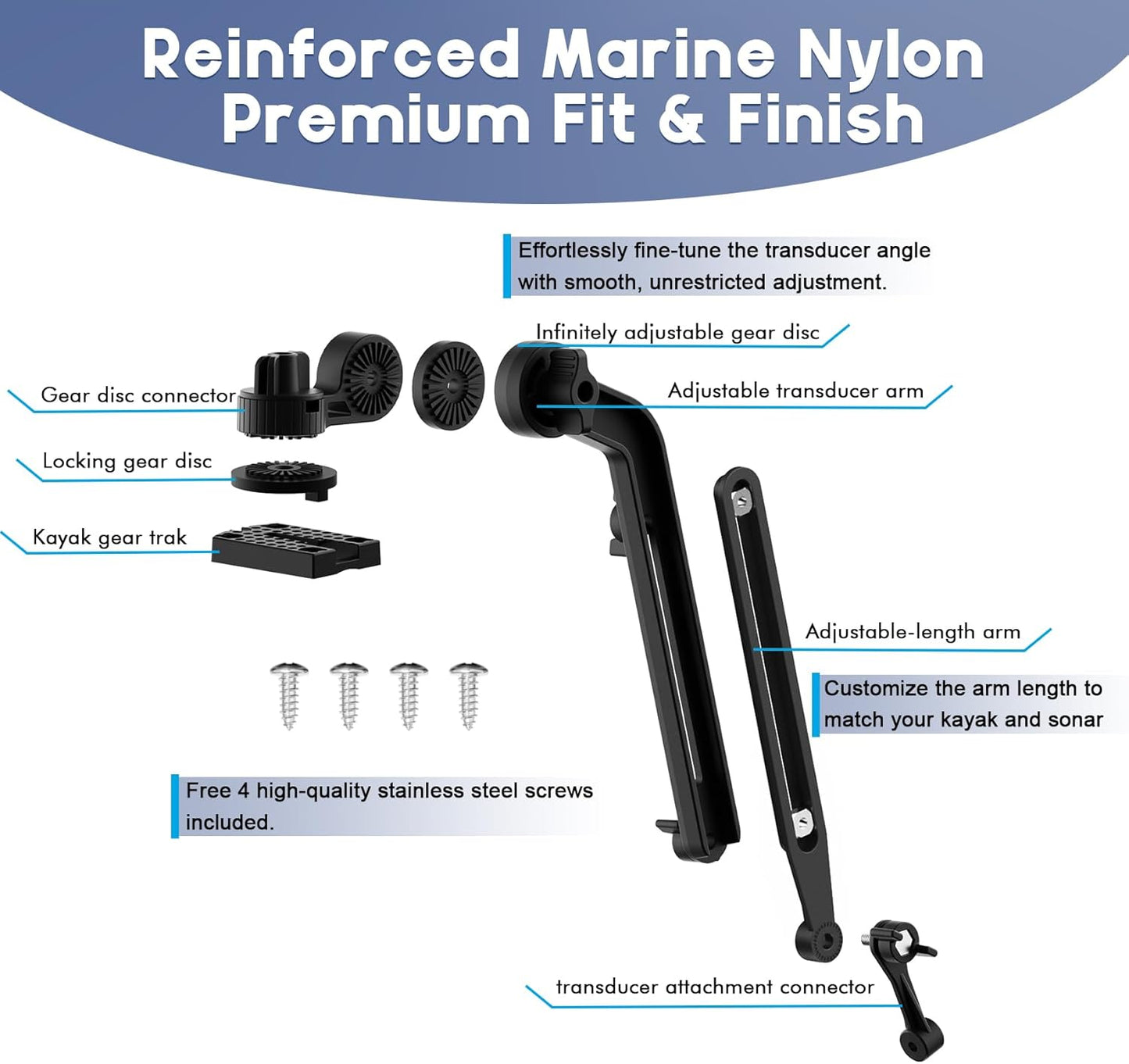 EDSRDPLT Universal Kayak Fish Finder Mount with Transducer Arm Adjustable 9–14” Tool-Free Rail Installation – Fish Finder Bracket for Kayaks, SUPs & Small Boats