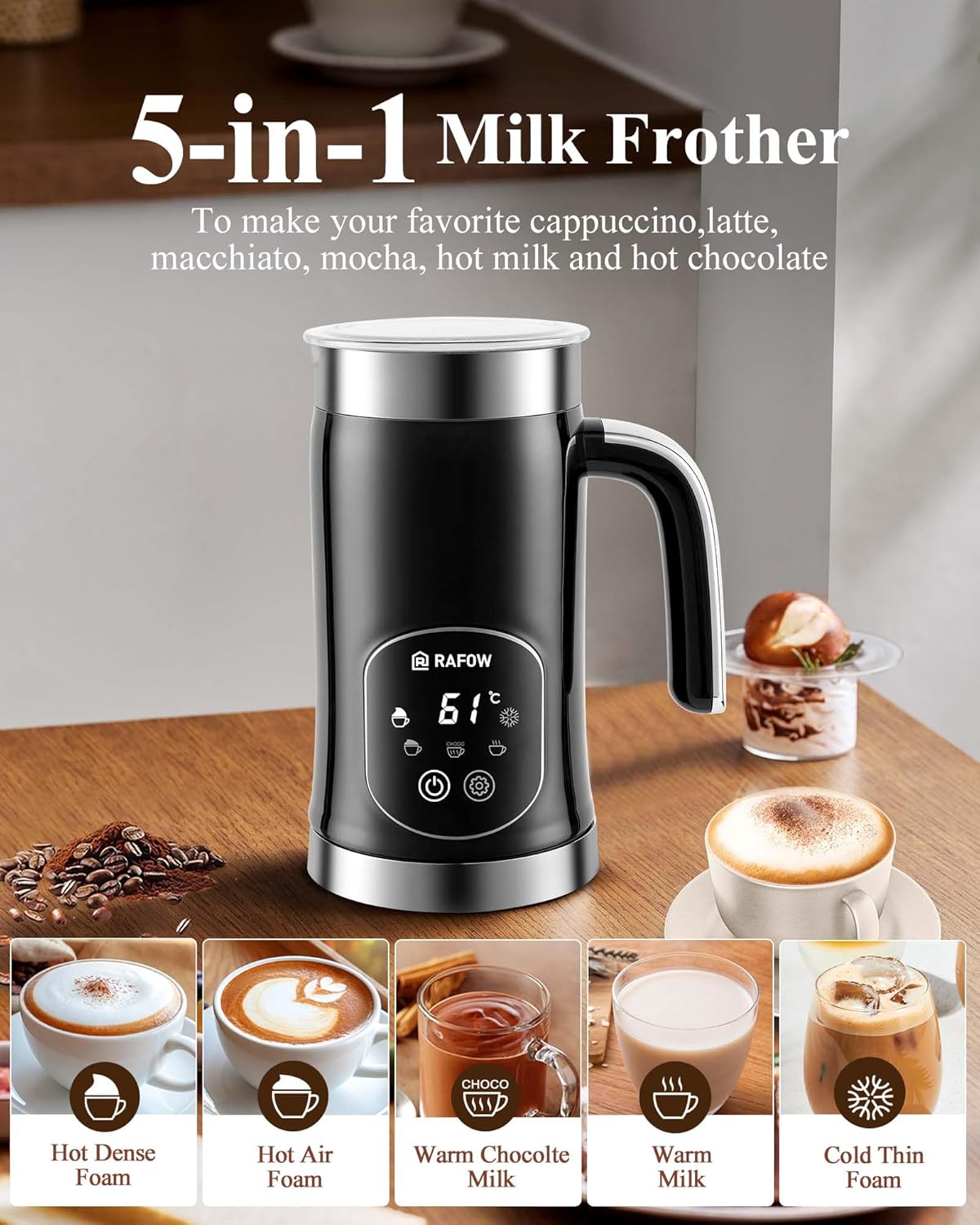 Milk Frother Electric Steamer: 4-in-1 Automatic Magnetic Foamer with Hot Foam Cold Froth for Cappuccino Latte Matcha - 250ml Large Capacity Milk Warmer Chocolate Heater Stainless Steel