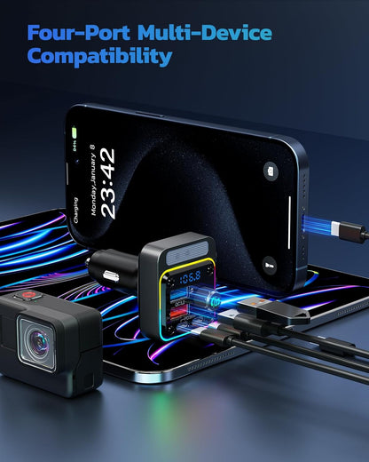 Nulaxy 54W [PD 36W & QC3.0 18W] Bluetooth 5.3 Car Adapter with 4 Charging Ports, Wireless Radio FM Transmitter Audio Receiver with Deep Bass MP3 Music Player, 5 Colors LED Backlit, Hands-Free Calling