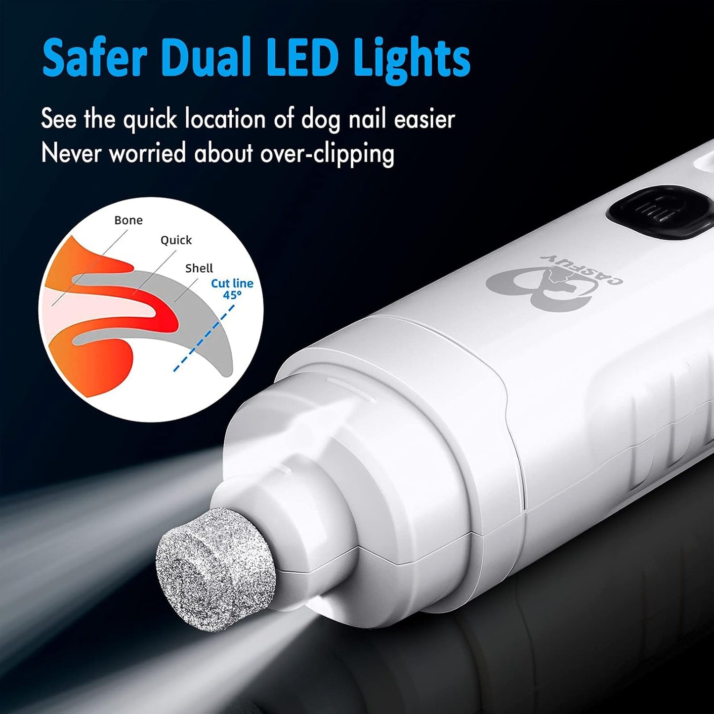 Casfuy Dog Nail Grinder with 2 LED Light for Large Medium Dogs - 3X More Powerful 2-Speed Electric Pet Nail Trimmer Rechargeable Quiet Painless Paws Grooming & Smoothing Tool