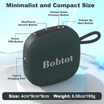 Bobtot Portable Bluetooth Speakers Wireless - IPX7 Waterproof Mini Shower Speaker with 16 Hours Playtime, Loud Stereo Sound, Rich Bass, TWS, Built-in Mic, Small Size for Travel Sport, Green
