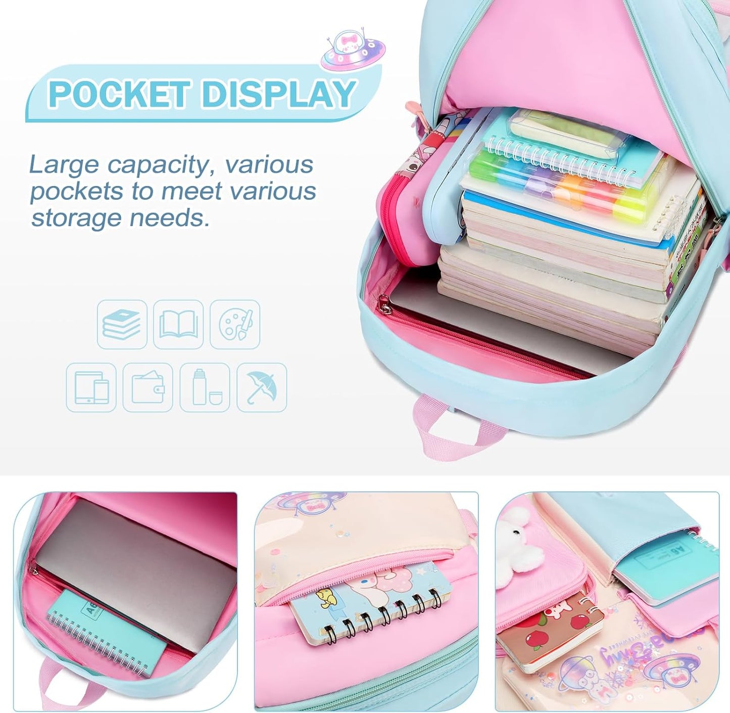 FIXITOK Girls Backpack Set, 3PCS Kids Backpack for Girls, Kawaii Bunny School Backpacks for Girl Kindergarten Elementary Preschool Middle School Bags with Lunch Box Pencil Case Aquamarine