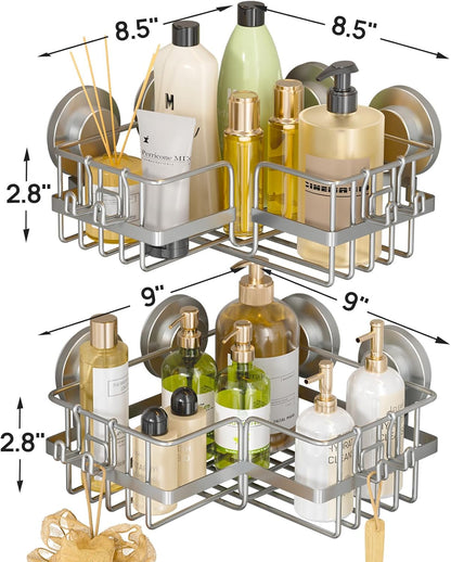 LEVERLOC Shower Caddy Suction Cup, 2 Pack Black Shower Shelf with Hooks and Soap Holder, NO-Drilling Bathroom Organizer, Rustproof Metal Bathroom Storage and Organization
