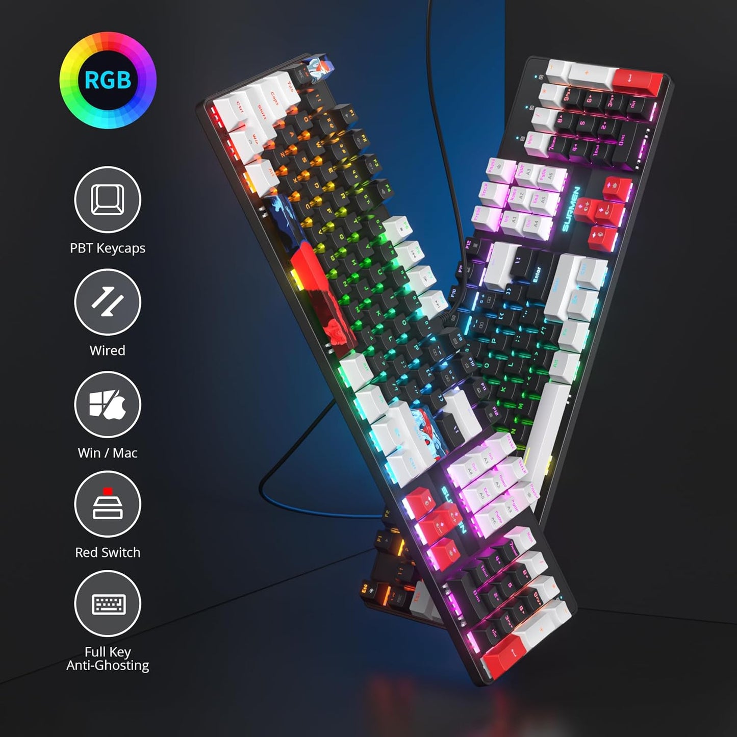 Owpkeenthy Full Size Green Mechanical Gaming Keyboard with Number Pad, Wired 100% Office NKRO Keyboard RGB Backlit 104 Keys with Red Switch for PC Gamer (104 Matcha)