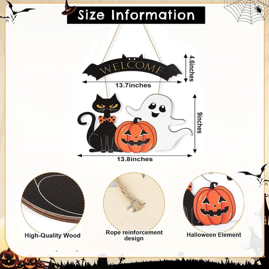 Halloween Decoration Wooden Ghost Door Wreath for Front Door Sign Wall Signs, Pumpkin Black Cat Happy Halloween Sign Hanging for Home Wall Decor Halloween Party Outdoor Indoor Supply