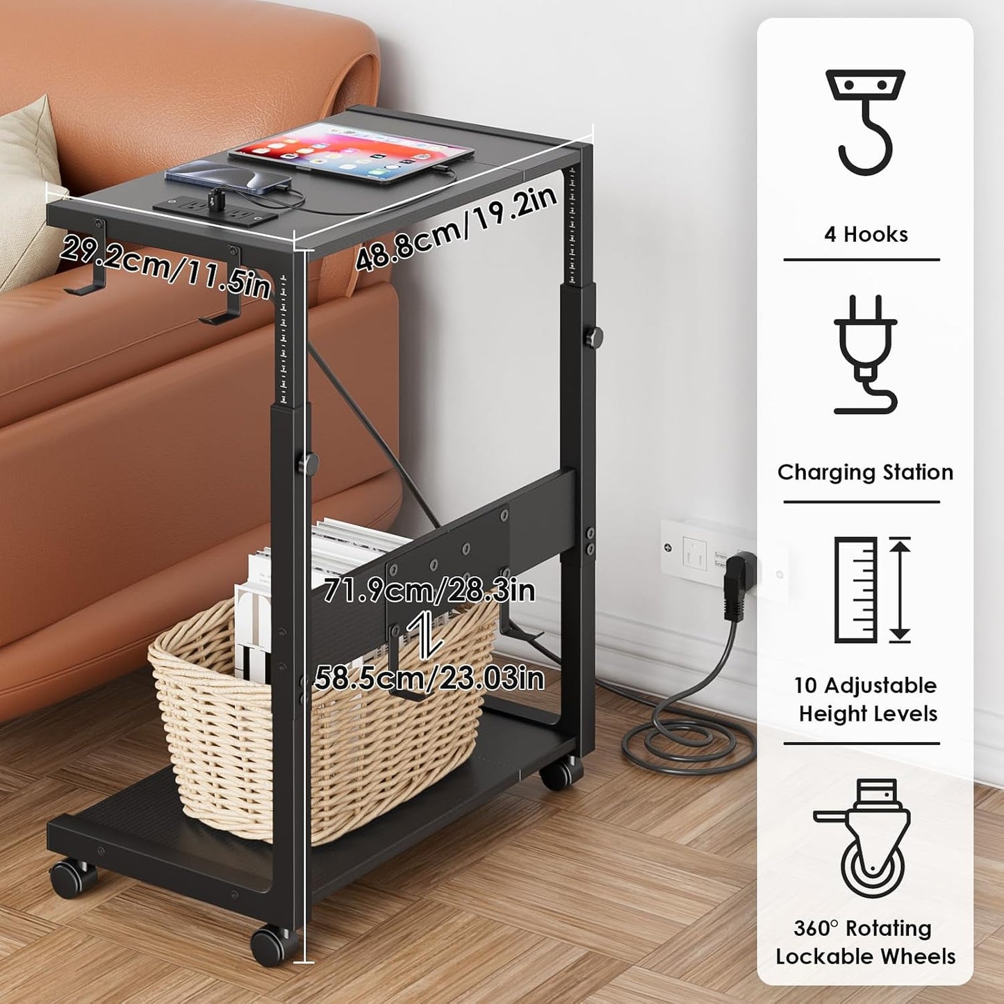 JANE EYRE - Adjustable Computer Tower Stand - CPU Stand with Charging Station for Office, Home, Classroom, 23-28.3 Inches Tall, Black