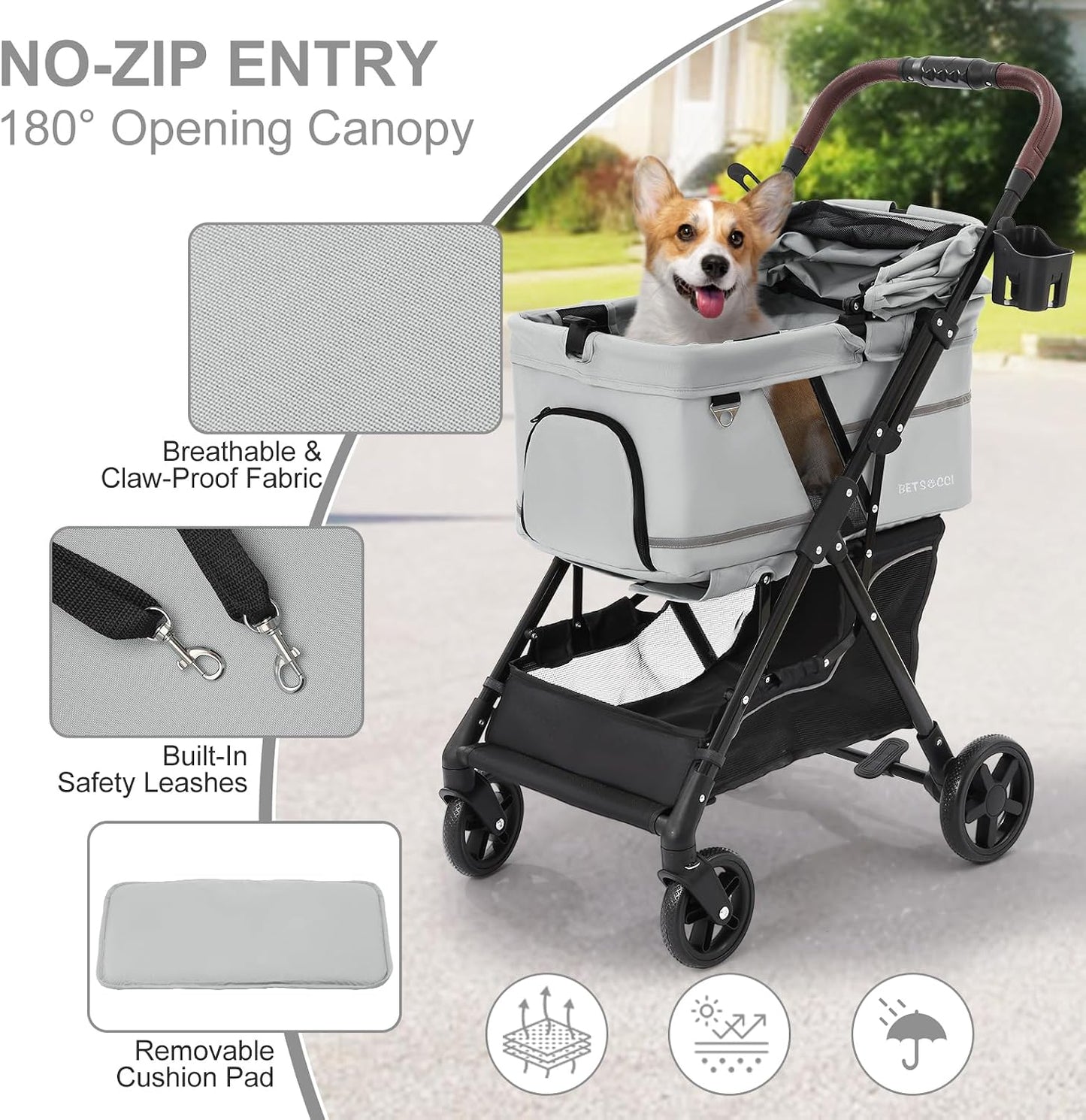 Pet Stroller for Small Medium Dogs Cats with 4 Wheels Grey | NO-ZIP Dog Cat Stroller, Max Load 45 lbs, Easy Folding, Compact Portable
