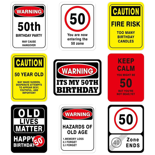 50th Birthday Party Decorations - 9PCS Wall Signs Funny Tags for Adults 50 Years Old Party Decor 50 Zone Table Centerpieces Yellow Caution Logos on Door Windows Yard Garden Banner Tea Party Supplies