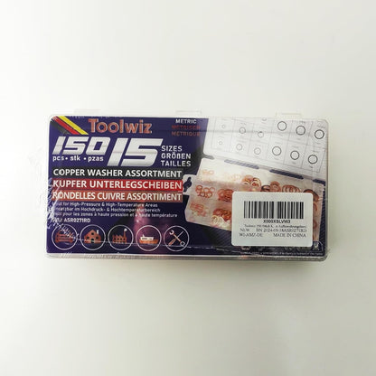 Toolwiz 150PCS 15 Sizes Copper Washers Metric Sealing Assortment Set Flat Ring Sump Plug Crush Washer Oil Drain Plug Gasket Seal Assortment Set M5/6/7/8/10/10.5/11/12/12.5/14/15/16/16.5/17.5