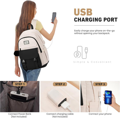 WINDARS School Backpack for Teen Girls, Cute College Backpacks for Women Students Aesthetic Bookbag Large 15.6 Inch Laptop Bag Middle School Travel Back Pack (Khaki Beige)