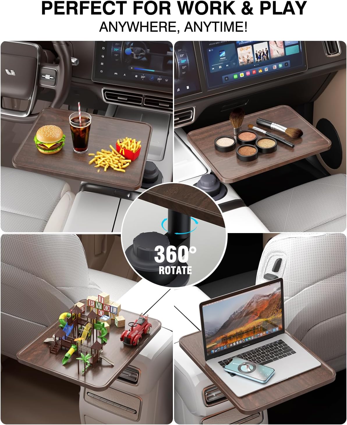 Car Desk & Cup Holder Tray | 360° Rotating Wooden Car Table for Laptop, Meals & Travel