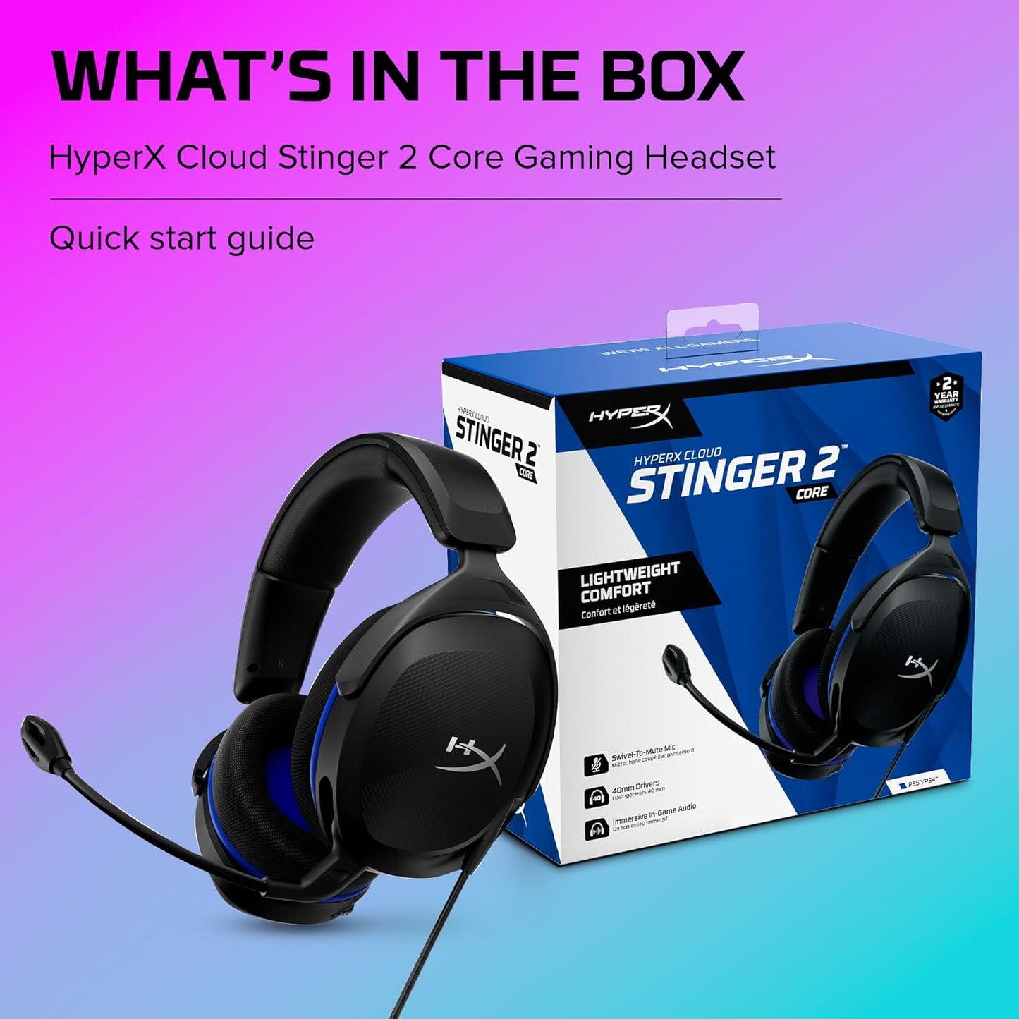 HyperX Cloud Stinger 2 Core – PC Gaming Headset, Lightweight Over-Ear Headset with mic, Swivel-to-Mute mic Function, DTS Headphone:X Spatial Audio, 40mm Drivers,Black