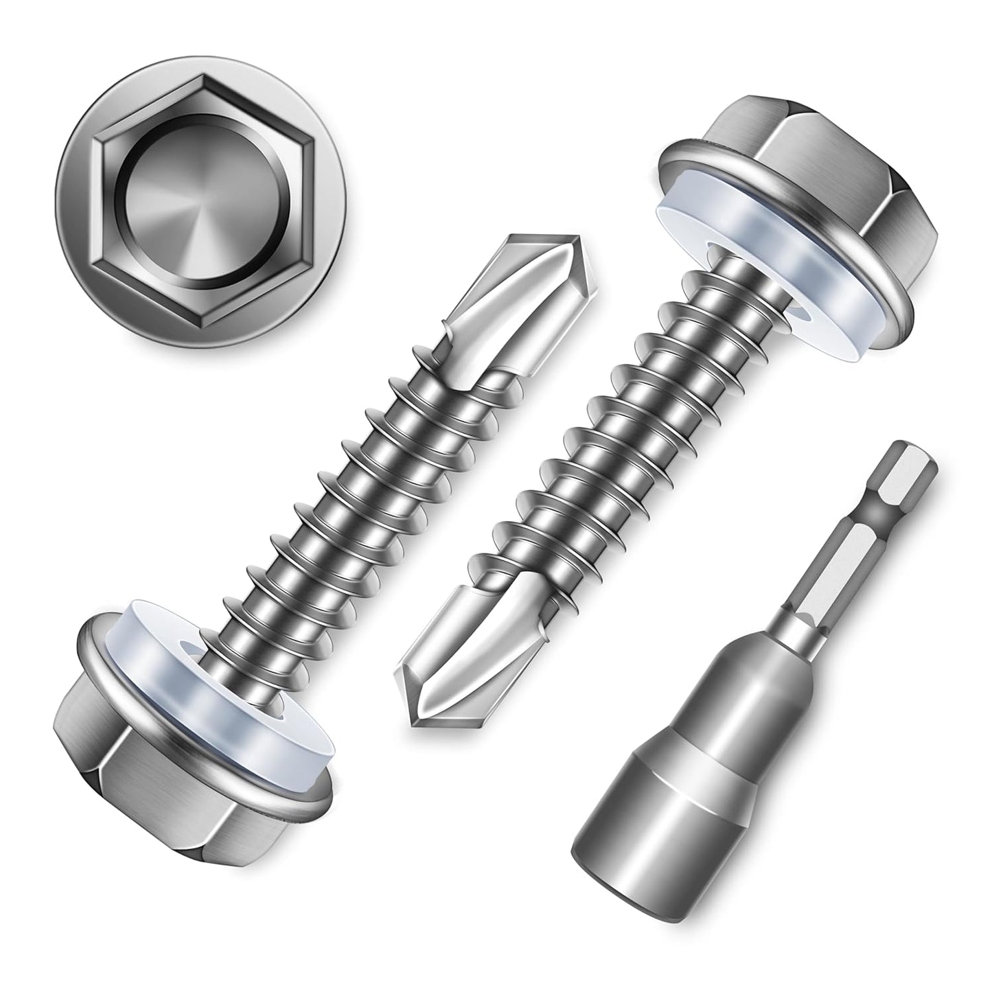 EASTPUK 100Pcs #8 x 1/2" Sheet Metal Screws, 410 Stainless Steel Self Drilling Hex Washer Head Self Tapping Screws for Metal with Drill Bit