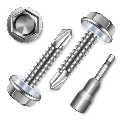 EASTPUK 100Pcs #8 x 1/2" Sheet Metal Screws, 410 Stainless Steel Self Drilling Hex Washer Head Self Tapping Screws for Metal with Drill Bit