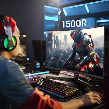 KOORUI Curved 27 Inch Gaming Monitor, Full HD 1080p R1500 180Hz VA Curved Monitors, 99% sRGB, Built-in AdaptiveSync, 1 x Display Port 1.2 & 2 x HDMI 2.0, Eye Care, VESA Compatible, Black 27E6CA - PuriLite