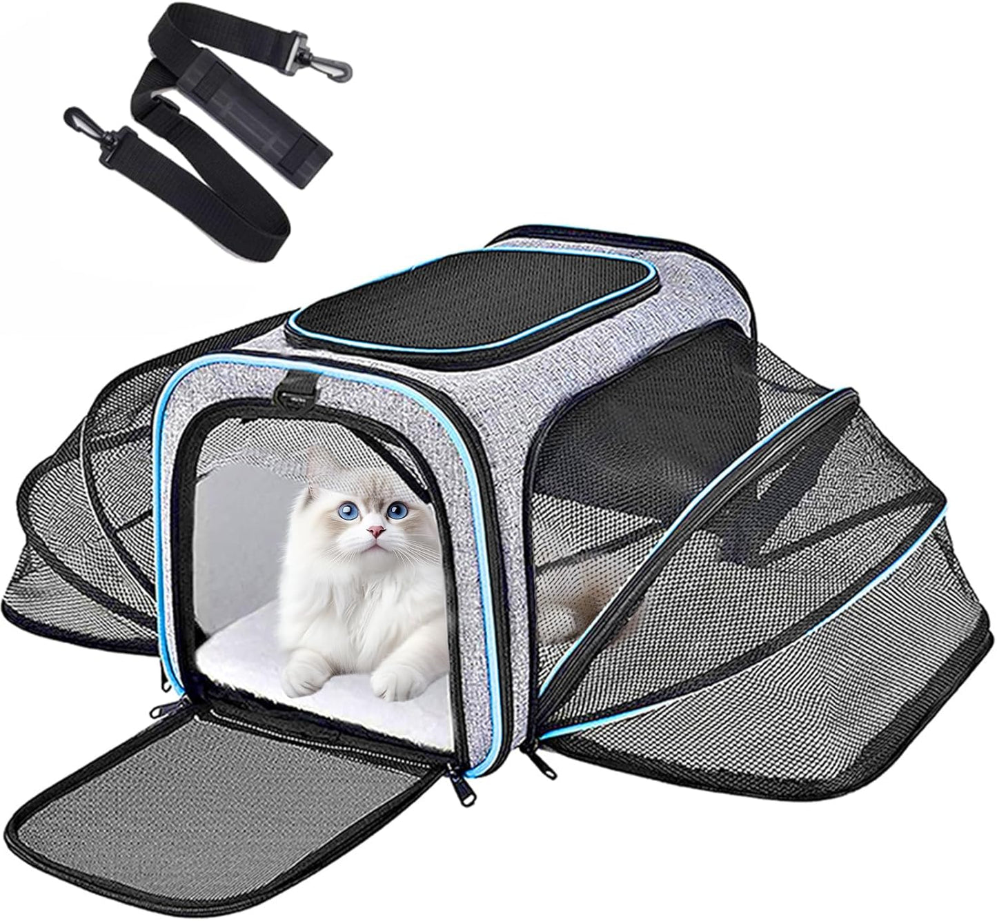 Expandable Cat Carrier,Pet Carrier Airline Approved 5-Side Ventilation Soft Cat Carrier Bag with Removable Fleece Pad and Shoulder Straps Fit Pets (40L x 25W x 25H cm)