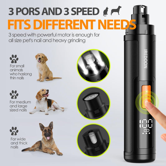 IREDOON Dog Nail Grinder Upgraded - Professional 3-Speed Super Quiet and Low Vibration Electric Pet Nail Grinder with 4 LED Lights - Painless Paws Grooming & Smoothing for Small to Large Dogs (Black) - PuriLite