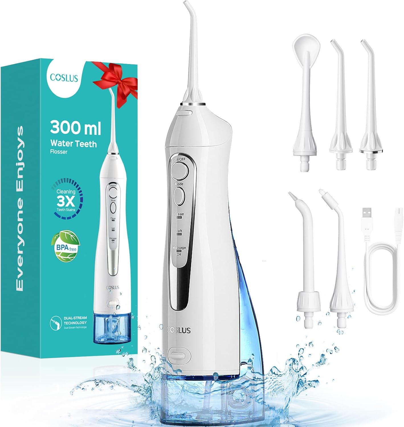 COSLUS Water Teeth Flosser: 300ML Cordless Electric Water Tooth Flossing Rechargeable IPX7 Waterproof Portable Travel Flossers Set for Teeth