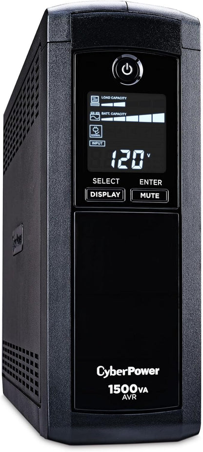 CyberPower CP1500AVRLCD3 Intelligent LCD UPS System, 1500VA/900W, 12 Outlets, 2 USB Ports, AVR, Mini Tower, Black
