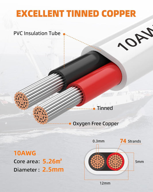 CONEPY Marine Cable 10 Gauge Duplex 10/2 Marine Grade Pvc Wire Braided Copper Tinned Waterproof Oxygen Free IP68 10 Awg For Boat, Automotive, Rv, Solar, Led Strips (9M/30 Feet)